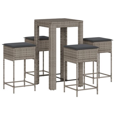 5-delige Tuinbarset met kussens poly rattan grijs 2