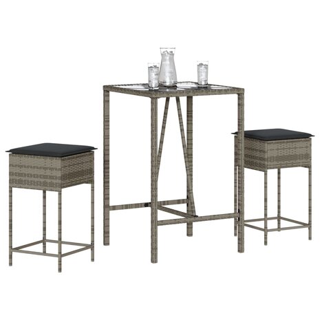 3-delige Tuinbarset met kussens poly rattan grijs 1