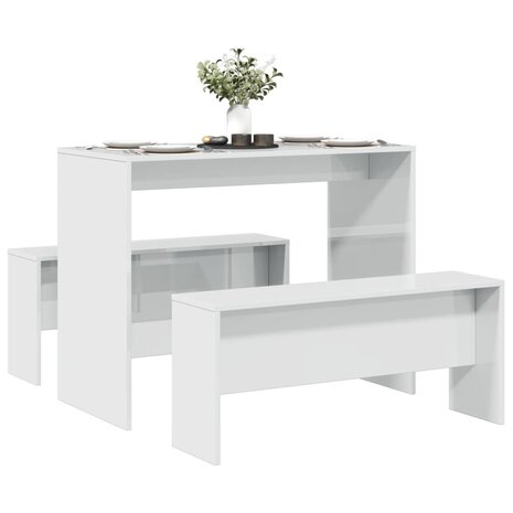3-delige Eettafel en bankenset bewerkt hout hoogglans wit 1