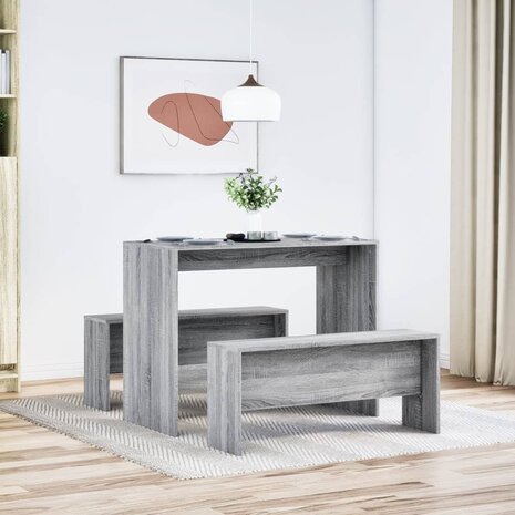 3-delige Eettafel en bankenset bewerkt hout grijs sonoma eiken 3