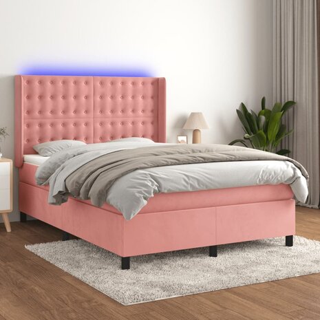 Boxspring met matras en LED fluweel roze 140x200 cm 1