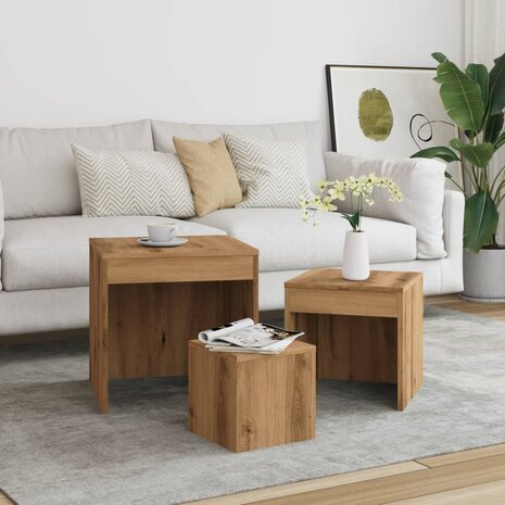3-delige Tafeltjesset bewerkt hout artisanaal eikenkleur 3