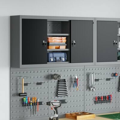 Gereedschapskast Muurbevestigd met Pegboard Zwart 100x20x55 cm Staal 1