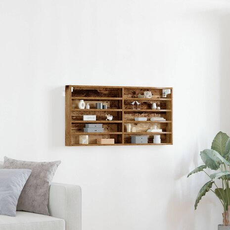 Vitrinekast wandgemonteerd bewerkt hout oud houtkleurig 1
