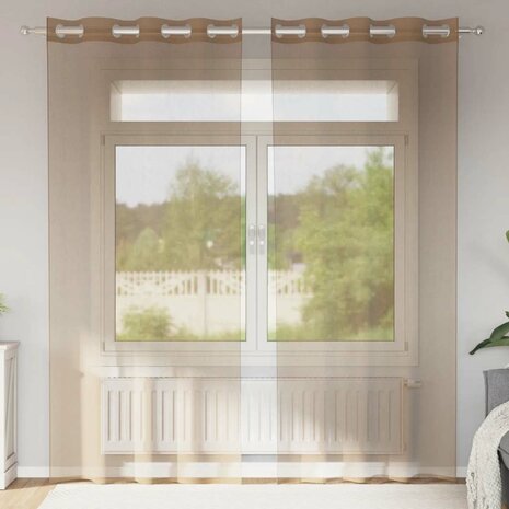 Gordijnen voile met doorvoertules 2 st lichtbruin 1