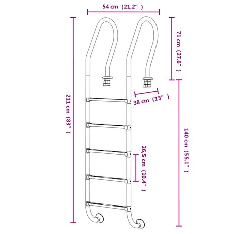 Zwembadladder 54x38x211 cm 304 roestvrij staal 6