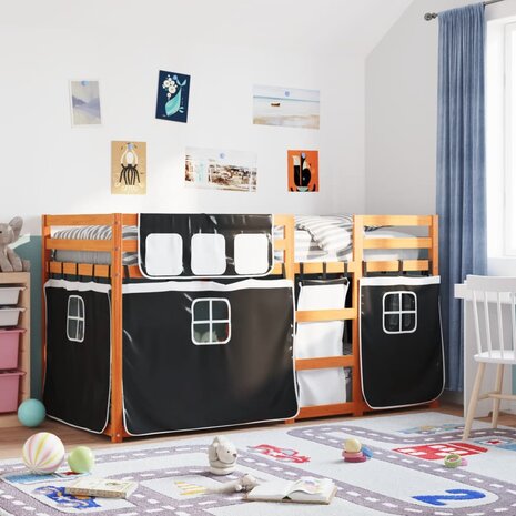Stapelbed met gordijnen 80x200 cm grenenhout wit en zwart 1