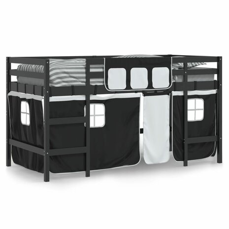 Kinderhoogslaper met gordijnen 90x200 cm grenenhout wit zwart 3
