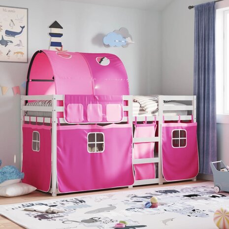 Stapelbed met gordijnen 90x200 cm grenenhout roze 1