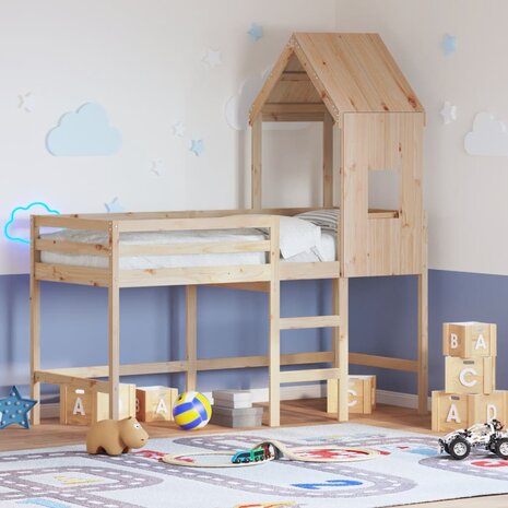 Halfhoogslaper met ladder en bedhuis grenenhout 90x200 cm 1