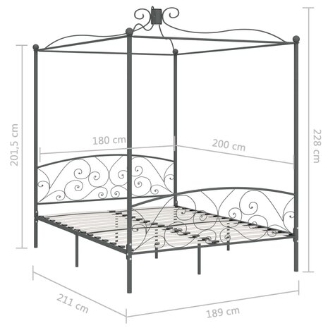 Hemelbedframe metaal grijs 180x200 cm 6
