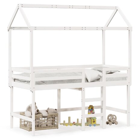 Halfhoogslaper met ladder en bedhuis grenenhout wit 90x190 cm 2