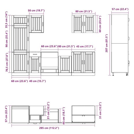 7-delige Keukenkastenset Lucca bewerkt hout oud houtkleurig 8