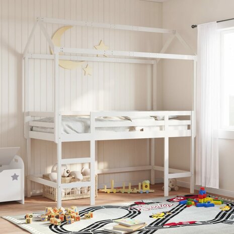 Halfhoogslaper met ladder en bedhuis grenenhout wit 90x190 cm 1