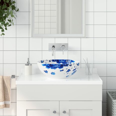 Opzetwasbak rond Φ41x14 cm keramiek wit en blauw 1