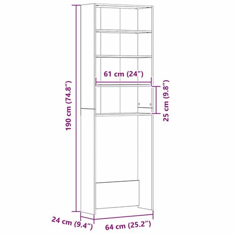 Wasmachinekast 64x24x190 cm bewerkt hout zwart eikenkleurig 8