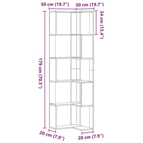 Hoekboekenkast 5-laags 50x50x179 cm bewerkt hout zwart eiken 7
