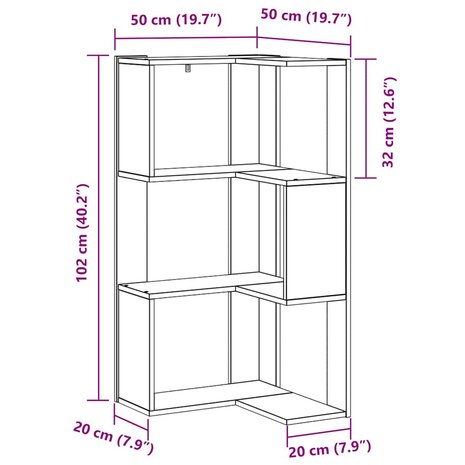 Hoekboekenkast 3-laags 50x50x102 cm hout zwart eikenkleur 7