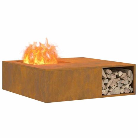 Vuurkorf met Houtopslag 100x100x30 cm Weerbestendig Staal 2