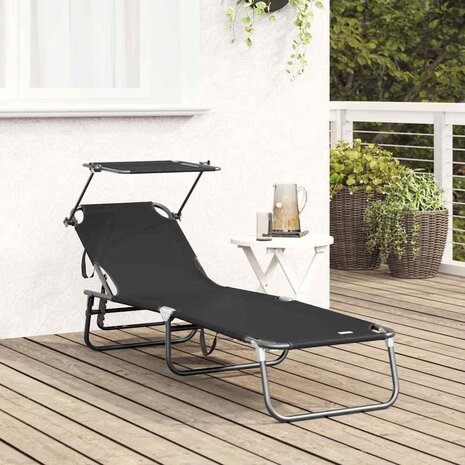 Vouwbaar Ligbed met Luifel Zwart 600D Oxford Stof 2