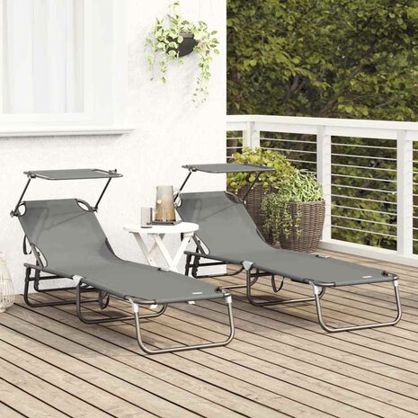 Opvouwbare Ligbedden 2 stuks met Luifel Grijs 600D Oxford Stof 2