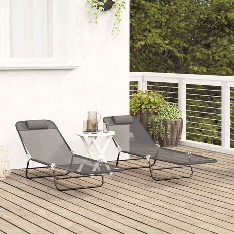 Inklapbare zon ligstoelen 2 stuks met hoofdkussen grijze Textilene 2