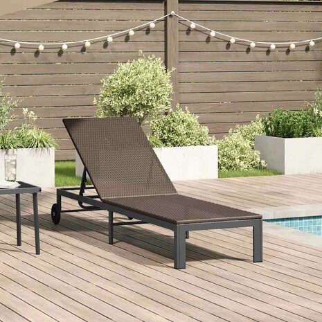 Ligbed met wielen poly rattan bruin 1