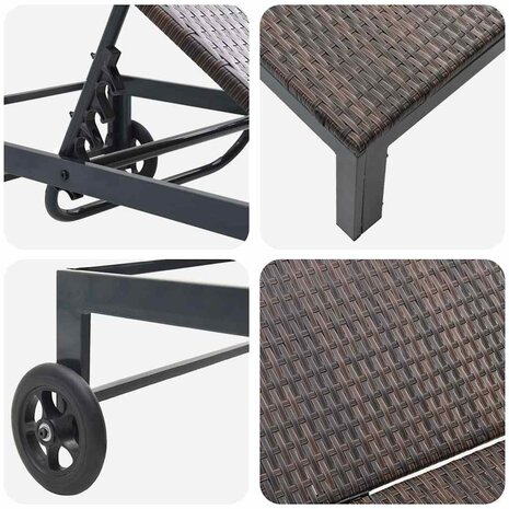 Ligbed met wielen poly rattan bruin 6