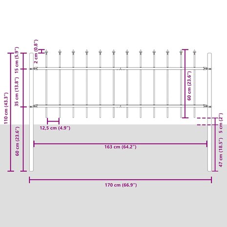 Tuinhek met punten 1,7x0,6 m staal grijs 5