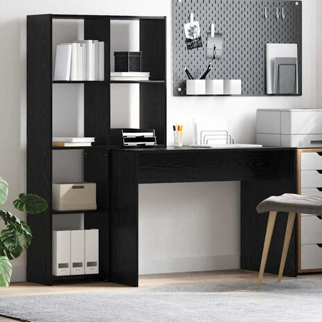 Bureau met plank met opslag Zwart eiken 138.5 x 55 x 143 cm Bewerkt hout 1