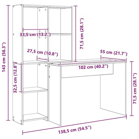 Bureau met plank met opslag Zwart eiken 138.5 x 55 x 143 cm Bewerkt hout 8