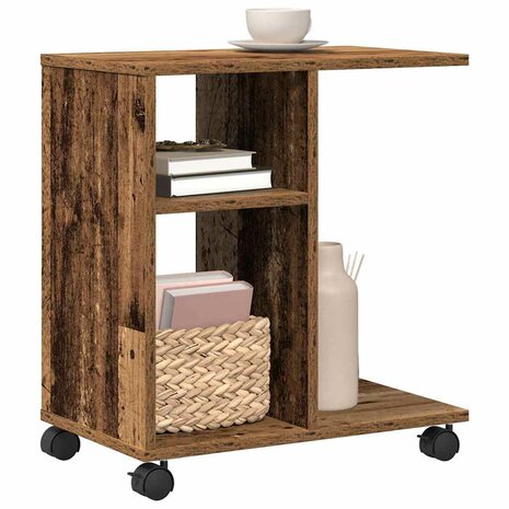 Bijzettafel met wielen 50x30x55 cm bewerkt hout oud houtkleurig 2