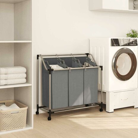 Wasmand met wielen 3 vakken grijs 3