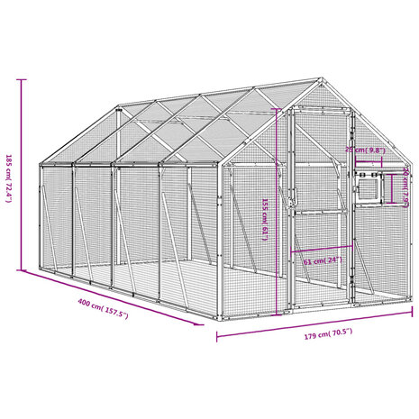 Volière 1,79x4x1,85 m aluminium zilverkleurig 7