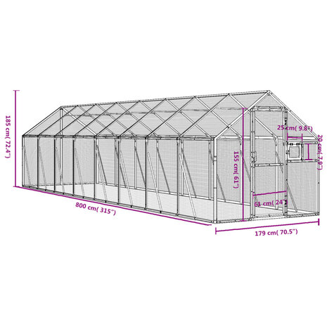 Volière 1,79x8x1,85 m aluminium zilverkleurig 7