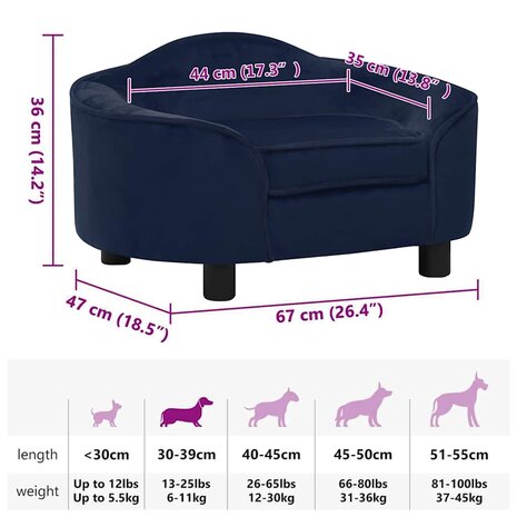 Hondenbank 67x47x36 cm pluche blauw 8