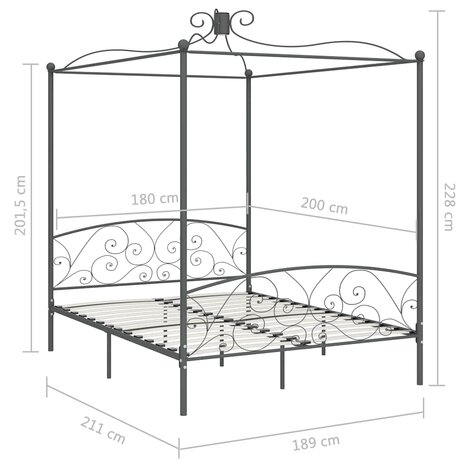 Hemelbedframe metaal grijs 180x200 cm 6