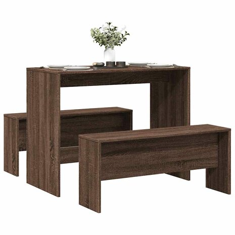3-delige Eettafel en bankenset bewerkt hout bruin eikenkleur 1