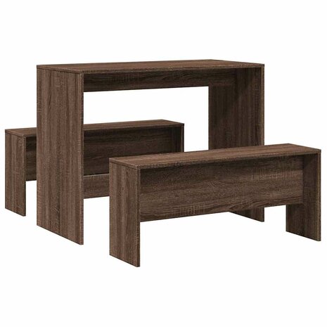 3-delige Eettafel en bankenset bewerkt hout bruin eikenkleur 6