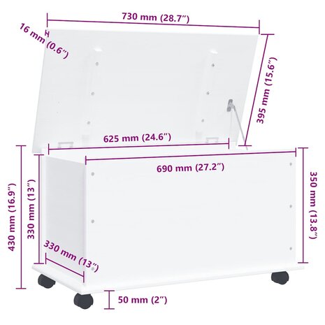 Opbergkist met wielen ALTA 73x39,5x43 cm massief grenenhout wit 9