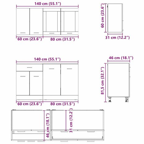 Keukenkastenset met lade 4 pcs Grijs sonoma 140 x 46 x 81.5 cm 7