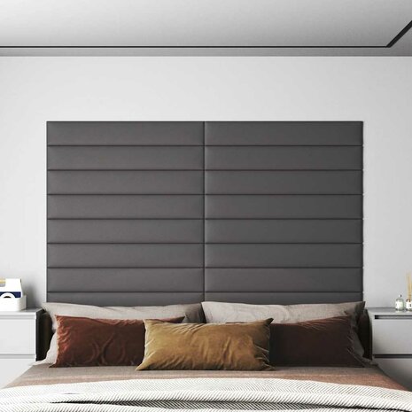 Wandpanelen 12 st 1,62 m² 90x15 cm kunstleer grijs 1