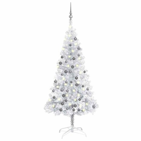 Kunstkerstboom met verlichting en kerstballen 120 cm PET zilver 1