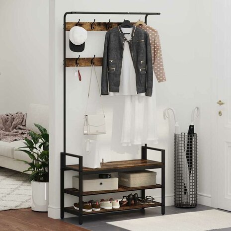 Kapstok met plank Gerookt eiken 95 x 34 x 184 cm Bewerkt hout 4