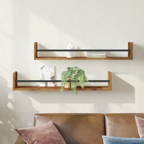 Wandplank met plank 2 pcs Oud hout 80 x 16 x 14 cm Bewerkt hout 1