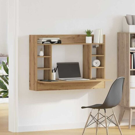 Aan de muur bevestigd bureau met plank artisanaal eikenkleurig 4