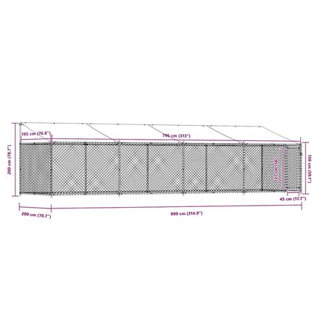 Hondenhok met dak en deur 8x2x2 m gegalvaniseerd staal grijs 9
