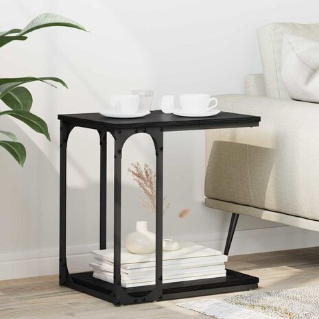 Bijzettafel met plank Zwart Eiken 50 x 35 x 52 cm Bewerkt hout 1