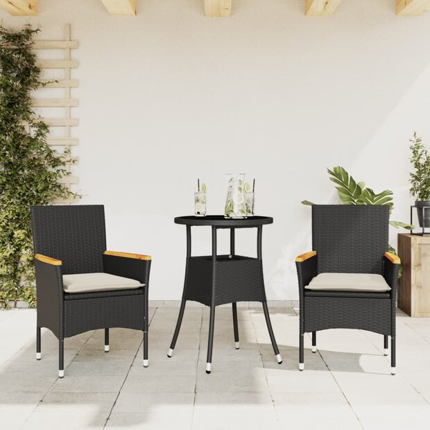 3-delige Tuinset met kussens poly rattan en glas zwart 8721102492112 1