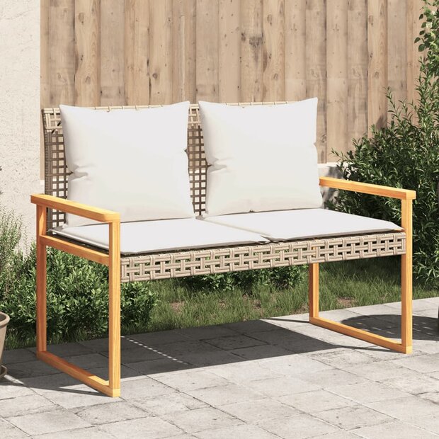 Tuinbankje met kussen poly rattan en acaciahout gemengd beige 1
